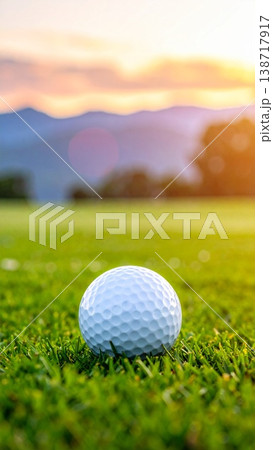 緑の芝生の上に置かれた一個の白いゴルフボール 138717917