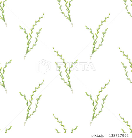 Watercolor green herbs seamless pattern on isolated background. Minimalist spring nature ornament with undersea kelps or filed grasses. Garden botanical background for fabric, wallpaper, stationery 138717992