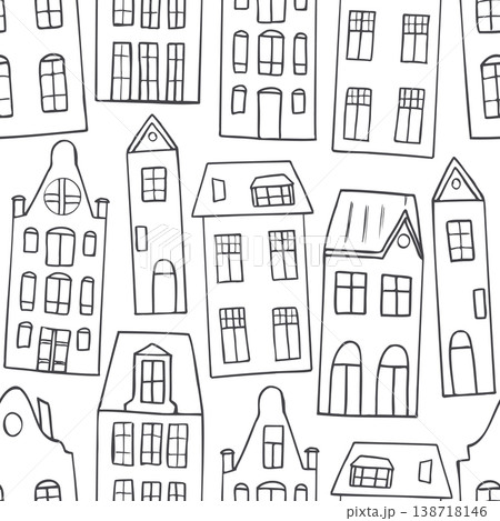 Hand drawn Dutch houses seamless pattern. Old street, city architecture in Amsterdam style sketch vector background. Minimalist doodle illustration of European town buildings for Christmas design Hand drawn Dutch houses seamless pattern. Old street, city architecture in Amsterdam style sketch vector background. Minimalist doodle illustration of European town buildings for Christmas design 138718146