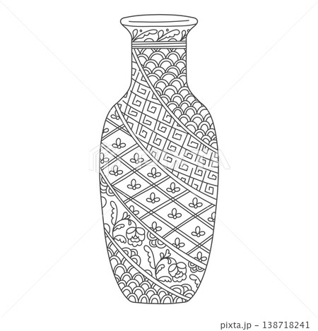 Black and white outline antique Asian vase with floral and geometric patterns. 138718241