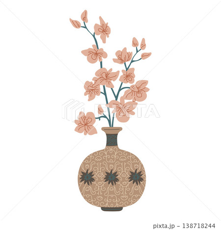 A round oriental vase, brown in color, with an abstract pattern and a branch of flowers. 138718244