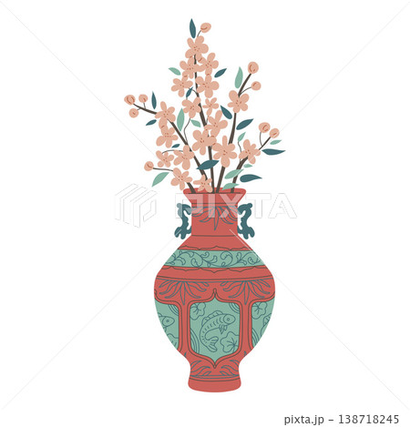 Elegant traditional Asian vase with flowers, vector porcelain vintage oriental pottery floral ornament pattern with fish 138718245