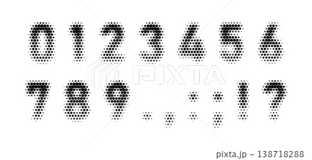 Numbers and punctuation marks, black halftone dotted pattern effect typographic numeric symbols, vector retro pixel font 138718288