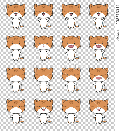 A set of expressions for a tabby cat showing joy, anger, sadness, and happiness. A set of expressions for a tabby cat showing joy, anger, sadness, and happiness. 138718354