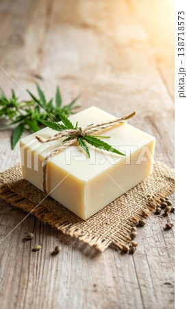 麻のリネンの上に置かれた一塊のオーガニック石鹸 138718573