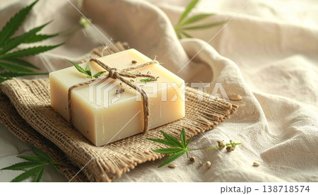 麻のリネンの上に置かれた一塊のオーガニック石鹸 138718574