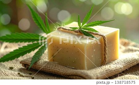 麻のリネンの上に置かれた一塊のオーガニック石鹸 138718575