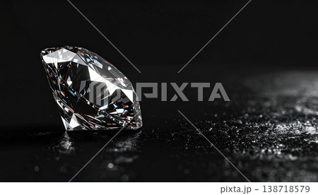 黒い背景の左側に置かれた一粒の輝くダイヤモンド 138718579