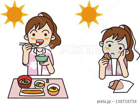小学生の朝食。バランスの良い和食と菓子パンだけの食事をする女の子のイラスト。	 138718738