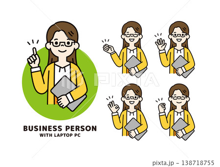 ノートパソコンを持った若い女性・社員・OLの様々なポーズの上半身ベクターイラスト素材セット ノートパソコンを持った若い女性・社員・OLの様々なポーズの上半身ベクターイラスト素材セット 138718755