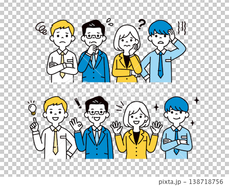 困りごとが解決して喜ぶ、社長・経営者と男性社員・女性社員の上半身ベクターイラスト素材セット 138718756