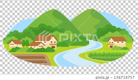 一幅簡潔的扁平化設計插畫，抽像地描繪了鄉村風景。 138718757