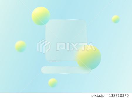 Abstract vector composition with a translucent square glass card, rounded bar, and pastel yellow cyan spheres on a light blue background. 138718879