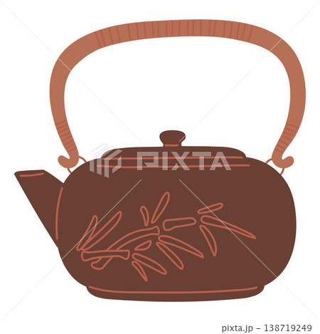 Elegant traditional Asian kettle, teapot, vector vintage oriental brown porcelain or clay tableware tree branch drawing Elegant traditional Asian kettle, teapot, vector vintage oriental brown porcelain or clay tableware tree branch drawing 138719249