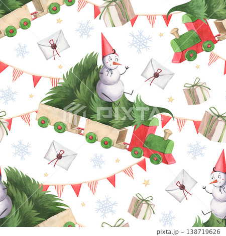 A fun pattern with a snowman and a Christmas tree riding a toy train A fun pattern with a snowman and a Christmas tree riding a toy train 138719626