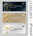 Set of gift vouchers black, gold and white with golden gift on grey background. Copy Space 138720117