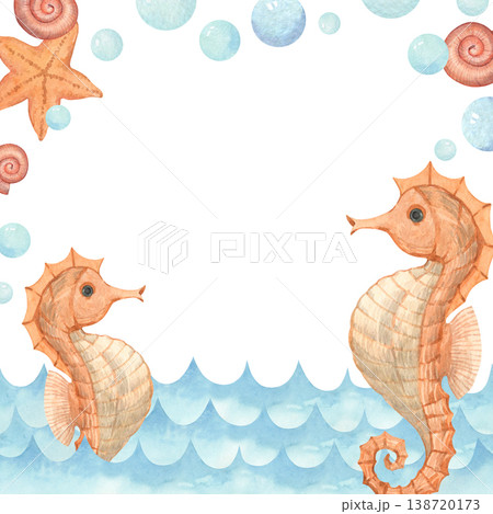 A watercolor frame featuring seahorses against a backdrop of ocean waves 138720173