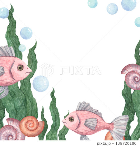 Frame with pink fish, seaweed and shells Frame with pink fish, seaweed and shells 138720180