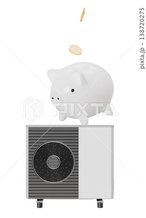 An air heat pump sits on a clean surface with a piggy bank above it. Coins drop into the piggy bank, symbolizing savings in energy costs and efficiency in heating and cooling at home 138720275