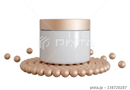 A round cosmetic cream container sits on a circle of decorative beads. The container has a smooth surface and a shiny lid. The scene is set against a clear background A round cosmetic cream container sits on a circle of decorative beads. The container has a smooth surface and a shiny lid. The scene is set against a clear background 138720287