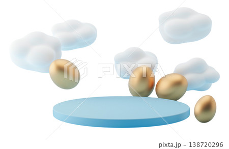 The scene shows a blue podium with golden eggs resting on it. Soft clouds float above the podium. This design is suitable for Easter themes and decorations The scene shows a blue podium with golden eggs resting on it. Soft clouds float above the podium. This design is suitable for Easter themes and decorations 138720296
