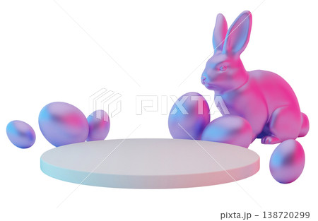 A design shows an Easter podium featuring a bunny and several eggs in vibrant colors. This scene is perfect for decorations and seasonal displays during Easter time 138720299