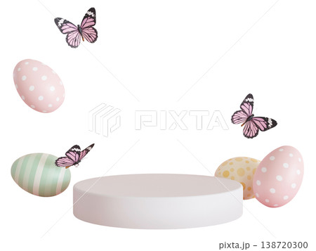 Easter podium features three colored eggs placed around it with butterflies flying above. The scene captures a festive mood suitable for spring celebrations and gatherings Easter podium features three colored eggs placed around it with butterflies flying above. The scene captures a festive mood suitable for spring celebrations and gatherings 138720300