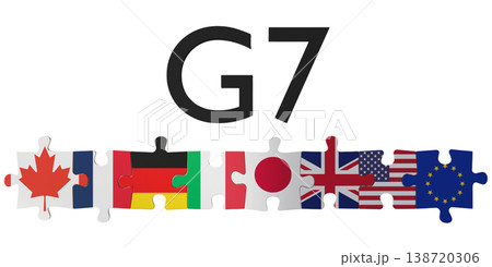 The flags of the G7 countries arranged as puzzle pieces. Each flag is displayed in a cut out 3D style, isolated from any background The flags of the G7 countries arranged as puzzle pieces. Each flag is displayed in a cut out 3D style, isolated from any background 138720306