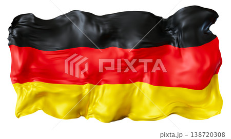 A three-dimensional rendering of the Germany flag is shown. The colors black, red, and yellow are present in a flowing design. This rendering can be used for various projects or displays A three-dimensional rendering of the Germany flag is shown. The colors black, red, and yellow are present in a flowing design. This rendering can be used for various projects or displays 138720308