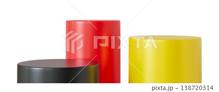 Three distinct podiums in black, red, and yellow are cut out and isolated against a clear background. These podiums can be used for various events or presentations 138720314