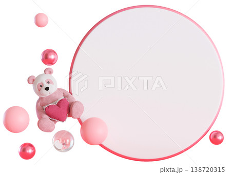 A cute teddy bear holds a pink heart near colorful circles on a white background. The scene looks fun and playful, with soft colors. This setup can be used for celebrations or events 138720315