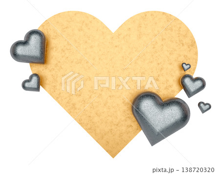 A large yellow heart is set against a clear background. Smaller three-dimensional hearts in gray surround the larger heart, all cut out and detailed. The focus is on the shape and color contrast A large yellow heart is set against a clear background. Smaller three-dimensional hearts in gray surround the larger heart, all cut out and detailed. The focus is on the shape and color contrast 138720320