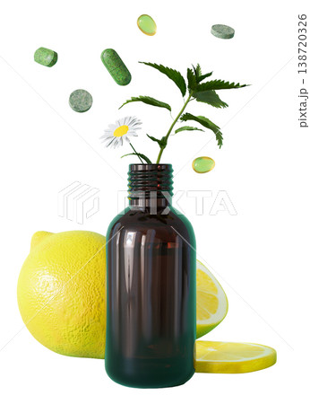 Bottles contain herbs and natural elements placed against a clear background. There are also green pills and fruit cutouts nearby. This setup showcases the homeopathic focus on health 138720326