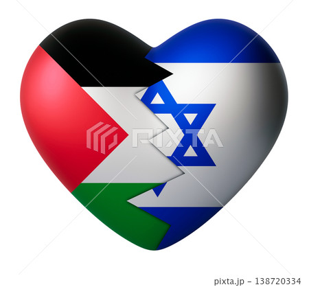 The design features a heart shape divided into two parts. One side displays the flag of Palestine, while the other shows the flag of Israel The design features a heart shape divided into two parts. One side displays the flag of Palestine, while the other shows the flag of Israel 138720334