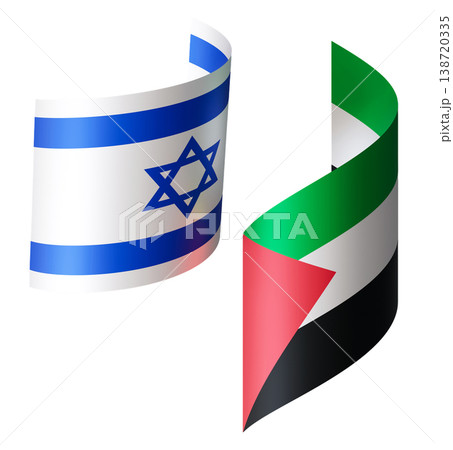 Two flags are cut out and displayed on a clear background. The flags represent Israel and Palestine in a 3D format showing their unique designs and colors Two flags are cut out and displayed on a clear background. The flags represent Israel and Palestine in a 3D format showing their unique designs and colors 138720335