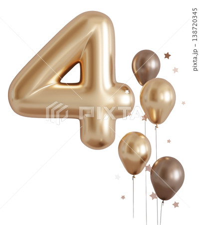 A golden number four stands alone against a clear background. Surrounding the number are balloons and stars, indicating a celebration. This design is suitable for parties A golden number four stands alone against a clear background. Surrounding the number are balloons and stars, indicating a celebration. This design is suitable for parties 138720345