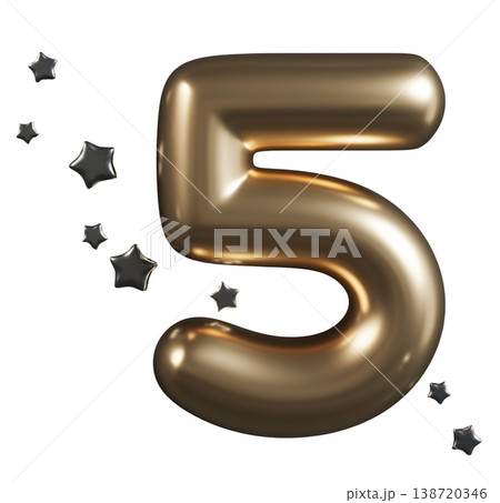 Number five is shown in a shiny metallic finish. Stars are placed around it. This cut out can be used for events or celebrations. It features a three-dimensional appearance on a plain background Number five is shown in a shiny metallic finish. Stars are placed around it. This cut out can be used for events or celebrations. It features a three-dimensional appearance on a plain background 138720346