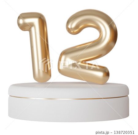 A gold number twelve is cut out and floating above a white round display base. The background is clear, highlighting the three-dimensional effect of the number 138720351
