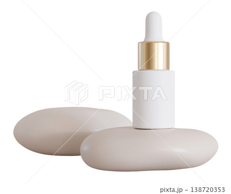 Serum bottle is centered on two smooth stones. The bottle features a dropper and a simple design. It stands out against a clear background highlighting its form 138720353