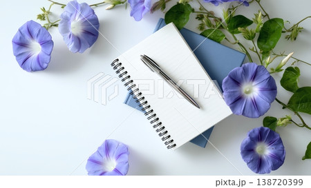 白背景のデスクに開いたノートとペン　朝顔 138720399