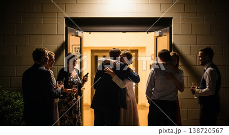 Candid wedding farewell under soft ambient lights as a couple hugs their guests, celebration ends 138720567