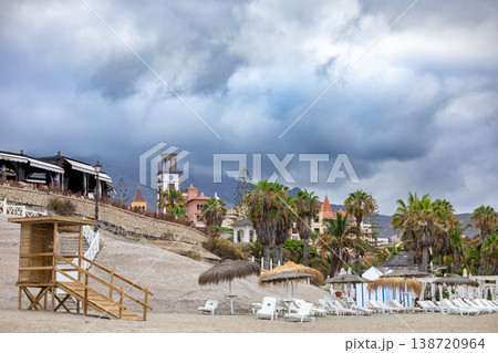 Tropical Resort Beach With Palm Tree And Lifeguard Tower Coastal Landscape 138720964