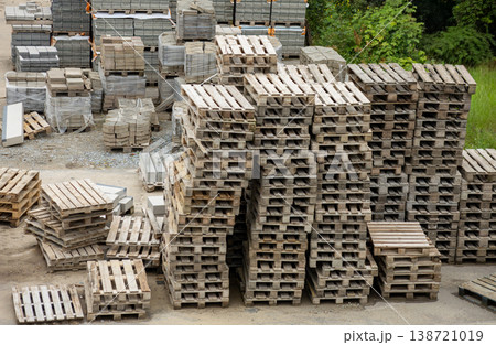 Stacked Wooden Pallet Collection In Industrial Warehouse Outdoor Storage Area. Stacked Wooden Pallet Collection In Industrial Warehouse Outdoor Storage Area. 138721019