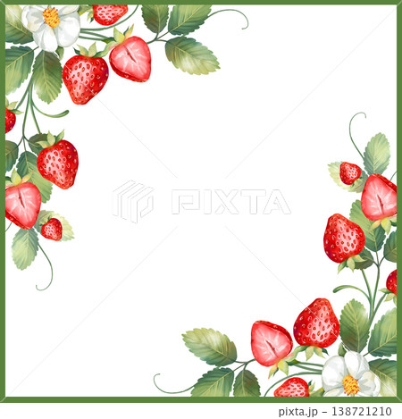 Square green frame with botanical strawberry illustrations on the corners, featuring ripe berries, green leaves and white blossoms. Elegant summer fruit frame for kitchen decor, invitations, recipe Square green frame with botanical strawberry illustrations on the corners, featuring ripe berries, green leaves and white blossoms. Elegant summer fruit frame for kitchen decor, invitations, recipe 138721210