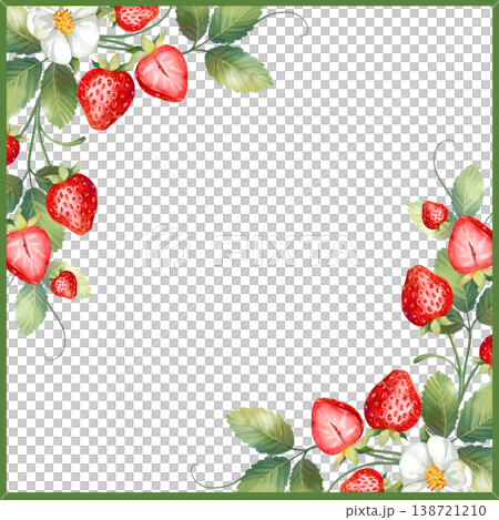 Square green frame with botanical strawberry illustrations on the corners, featuring ripe berries, green leaves and white blossoms. Elegant summer fruit frame for kitchen decor, invitations, recipe Square green frame with botanical strawberry illustrations on the corners, featuring ripe berries, green leaves and white blossoms. Elegant summer fruit frame for kitchen decor, invitations, recipe 138721210