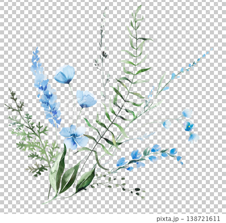 Floral bouquet with blue watercolor wildflowers and leaves, hand drawn wedding illustration Floral bouquet with blue watercolor wildflowers and leaves, hand drawn wedding illustration 138721611