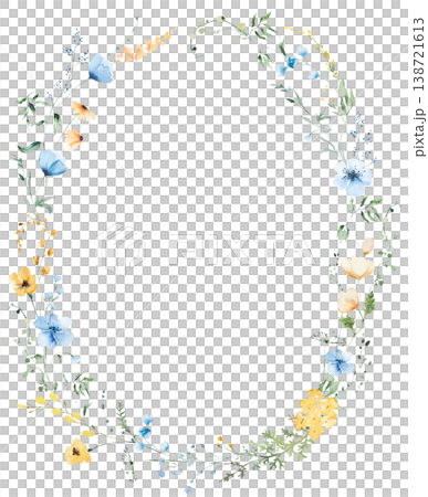 Floral oval frame with yellow and blue watercolor wildflowers and leaves, hand drawn wedding illustration 138721613