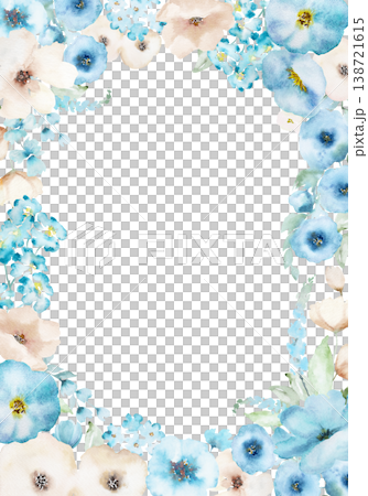 Watercolor rectangular floral frame with light blue and beige flowers, wedding isolated illustration 138721615
