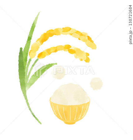 黄色の茶碗と稲穂の水彩イラスト 炊きたてご飯と収穫のイメージ 138721684