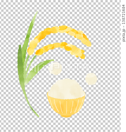 黄色の茶碗と稲穂の水彩イラスト 炊きたてご飯と収穫のイメージ 138721684